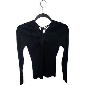 Love Tree Black Ribbed Knit Sweater with Lace-Up Detail